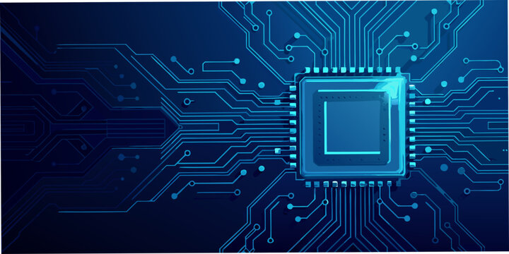 Abstract digital circuit board with central microchip and glowing blue lines