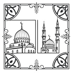 Illustrated mosque with ornate border
