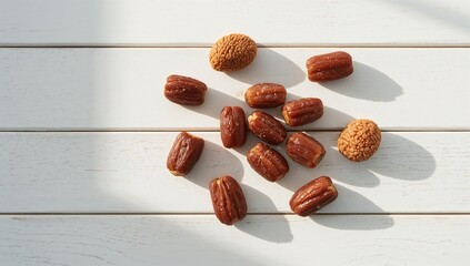 Flat lay of traditional Eid Dates confections on a white wooden board for editorial headers during Ramadan