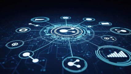 Futuristic digital network with interconnected nodes and glowing circuits