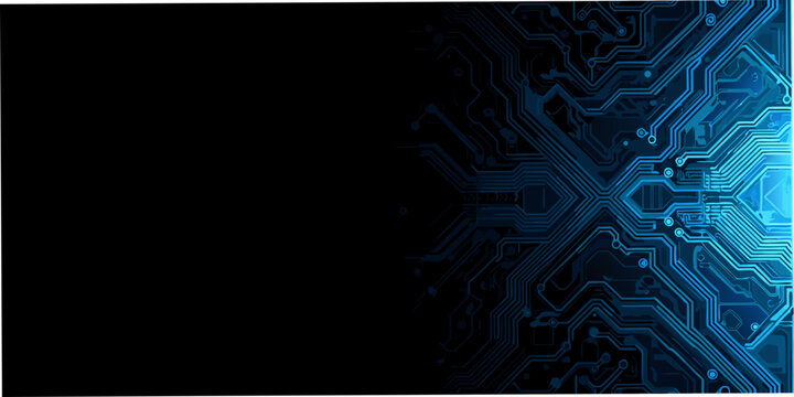 Abstract digital circuit board pattern with glowing blue lines on black background