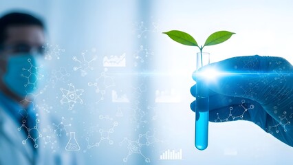 Visionary Scientist Explores Green Biotechnology Hand Holding Test Tube with Growing Plant, Symbolizing Sustainable Innovation and Life Science Research