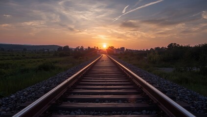 Fototapeta premium Railway tracks during dusk with fading sunlight, suitable for editorial header background, Earth Day