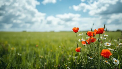 Bright flower blossom featuring red poppies and camomile in a sunny meadow during early summer