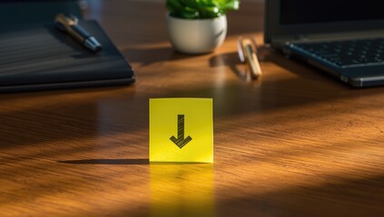 Desk with a yellow sticky note featuring a downward arrow used for highlighting important details, organized workspace