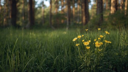 Obraz premium Yellow blossoms amidst woodland, designed as a nature backdrop for editorial headers, seasonal change