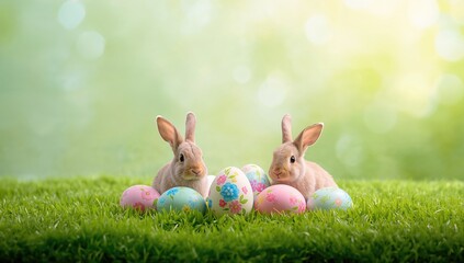 Easter eggs and bunnies with floral accents on a green background, holiday decoration