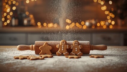 Festive holiday baking featuring gingerbread cookies and a rolling pin, seasonal cookie preparation