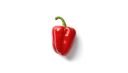 Red paprika with green stem on white surface, highlighting fresh produce in kitchen preparation