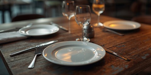 Fototapeta premium Unoccupied table setting with utensils on wood surface suitable for layout design