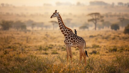 Obraz premium Solitary giraffe and oxpecker on savanna, illustrating species relationship in wildlife photography
