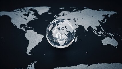 Glass globe sits atop a world map, symbolizing global concepts