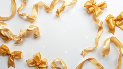 White backdrop featuring neatly tied golden ribbons in bows, ideal for festive packaging or celebration themes