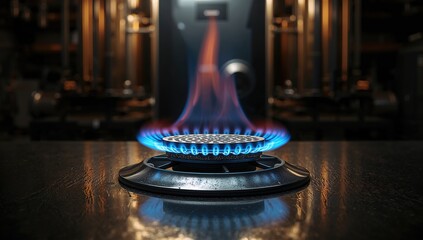 Inside view of a gas-powered boiler with active flame, focusing on energy efficiency and safety protocols