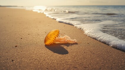 Closeup of a jellyfish on a beach in the North sea, highlighting marine biodiversity and pollution impact, World Ocean Day