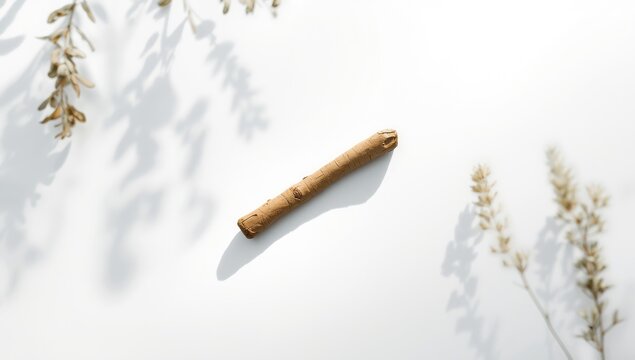 Liquorice root stick displayed on white background highlighting herbal medicine applications, focusing on natural healing