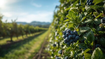 Summer blueberry field scene with lush foliage and open sky, suitable as a natural landscape backdrop