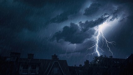 Nighttime lightning strike with vivid branching pattern illuminating storm clouds, focusing on atmospheric activity