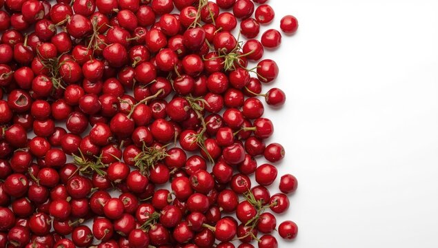 Red berries of cornel or dogwood on a white background serving as background for graphic design, seasonal theme