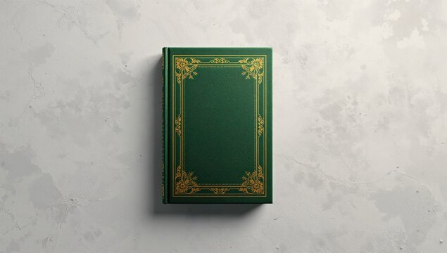 Green book cover with decorative frame seen from above, suitable for editorial header background, Earth Day
