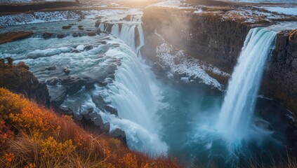 Bush foliage displaying autumn hues by flowing water in a natural landscape during summer