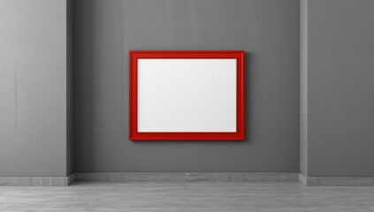 Modern gray wall with a horizontal red-framed empty artwork, ideal for layout backgrounds, urban space, World Art Day