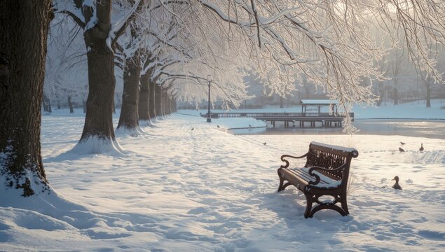 Winter park scene with snow-covered benches and a pier used for feeding waterfowl, seasonal change - Powered by Adobe