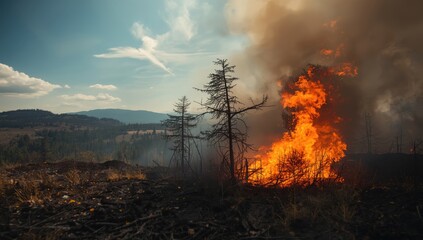 Fototapeta premium A wildfire consuming the forest floor with scorched grass and leaves, emphasizing wildfire prevention measures