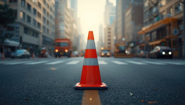 Construction zone marked by traffic cone on urban street, highlighting road work activity