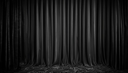 Dark grey curtain with many folds serving as a backdrop for graphic or editorial layouts, highlighting fabric texture