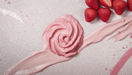 Pink foam surface with berry yogurt and whipped smoothie, suitable for skincare product backgrounds, World Skin Awareness Day