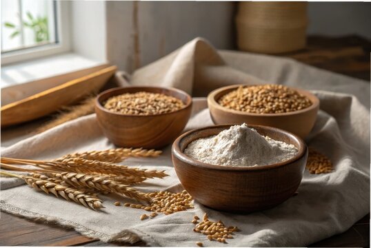 Rustic still life featuring spelt grains and spelt flour in wooden bowls, linen cloth background, soft window light,