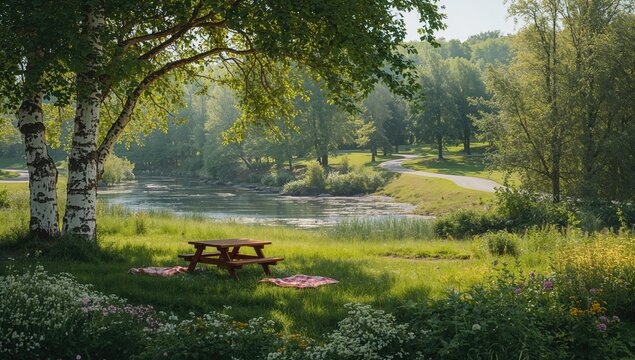 Scenic summer park scene with walking paths, a flowing river, and open picnic spots for outdoor gatherings