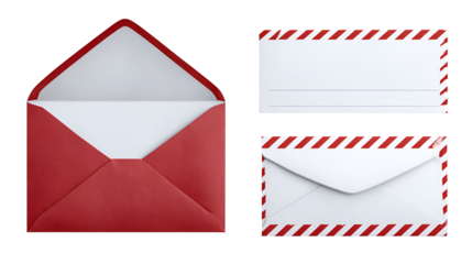 Red open envelope and two white envelopes with red stripe detail isolated on transparent background