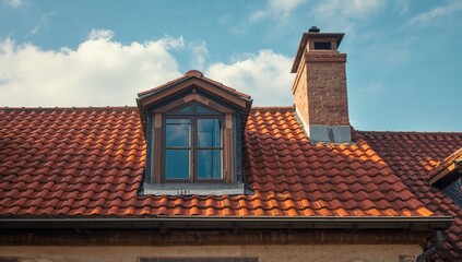 A skylight set into a tiled roof with a chimney, used for daylight access and airflow, building safety month