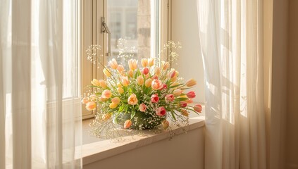 Indoor setting with vibrant flowers placed on a windowsill, ideal for floral decor or natural light backdrop