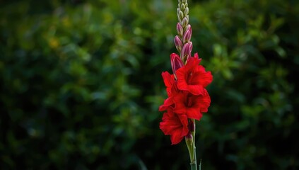 Bright red Gladiolus with large blooms and buds in a green setting, used as wallpaper or postcard imagery, autumn flower