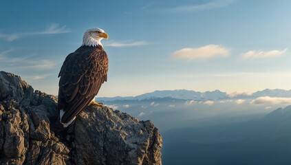 Perched bald eagle on rugged rock formation, highlighting wildlife preservation