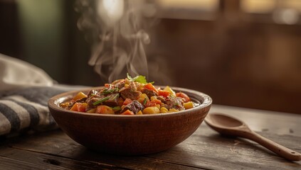A vibrant bowl of Sancocho containing meats, vegetables, and corn, highlighting rich flavors, festive meal