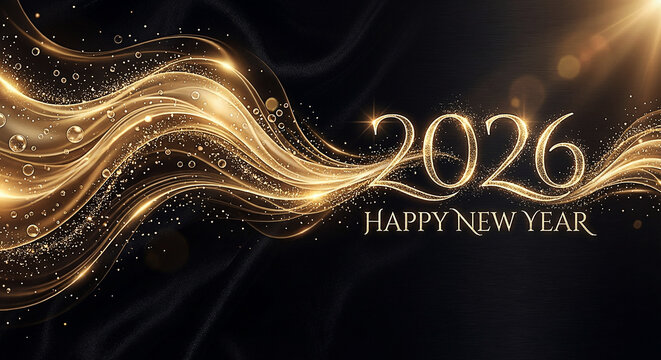 Happy new year 2026 with golden sparkling waves and elegant light particles on a dark background