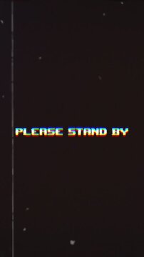 Please Stand By text featuring a retro pixel art design and dynamic digital glitch effects.  Ideal for broadcast, gaming, tech, or lo-fi content.