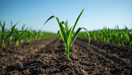 Young corn seedlings emerging from soil, crop development and planting practices