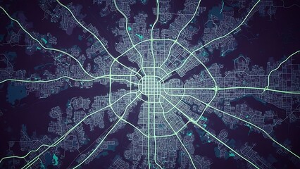 Abstract urban planning map visualization with illuminated city network and radiating transportation lines