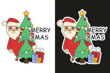 Cute vector Merry Christmas Sticker isolated background. Funny Christmas Sticky art with Santa Claus Christmas tree and gifts. Perfect social media t-shirt print. EPS 10