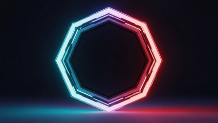 Illuminated, eight-sided geometric shape glowing with red and blue light against a dark background