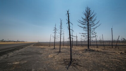 Forest fire aftermath showing scorched pine trunks and yellowed needles, erosion risk assessment