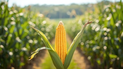 Green ear of corn displayed at a farm stand emphasizing fresh vegetables for summer cuisine