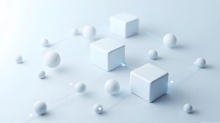 Modern 3D white cubes and spheres connected in a network