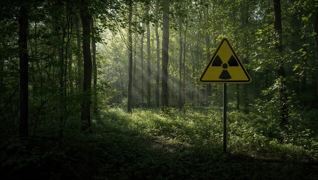 Nuclear hazard sign in Chernobyl warning of high radiation levels, focusing on safety precautions at accident site - Powered by Adobe