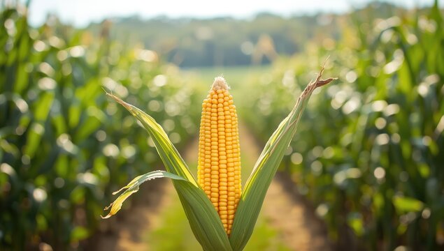 Green ear of corn displayed at a farm stand emphasizing fresh vegetables for summer cuisine